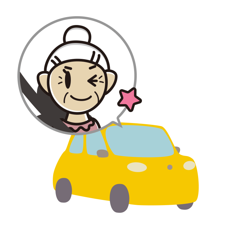 車でウインクするおばあさんのイラスト【色あり、背景なし】透過PNG