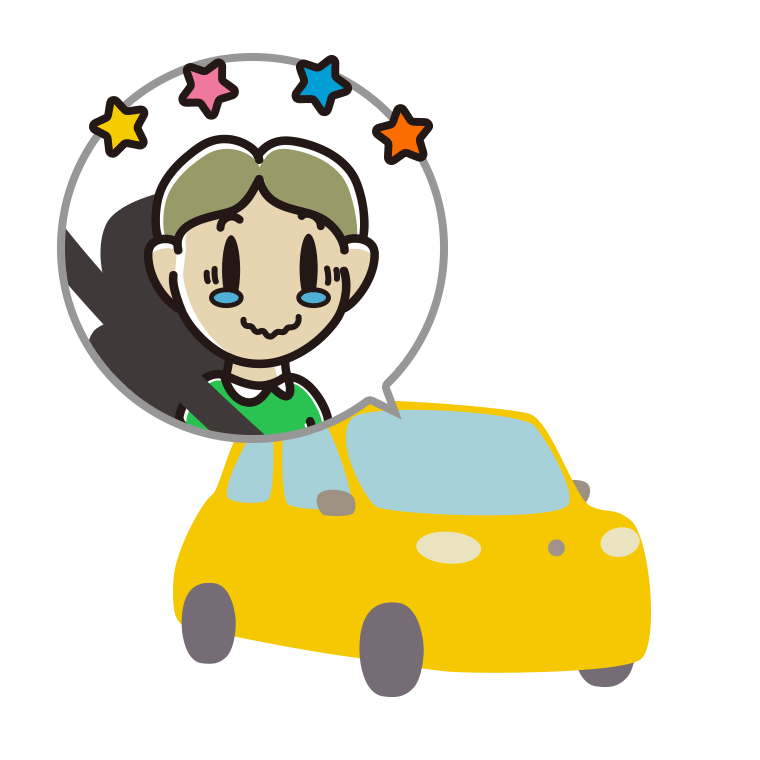 車でジーンとする小学生男子のイラスト【色あり、背景なし】透過PNG