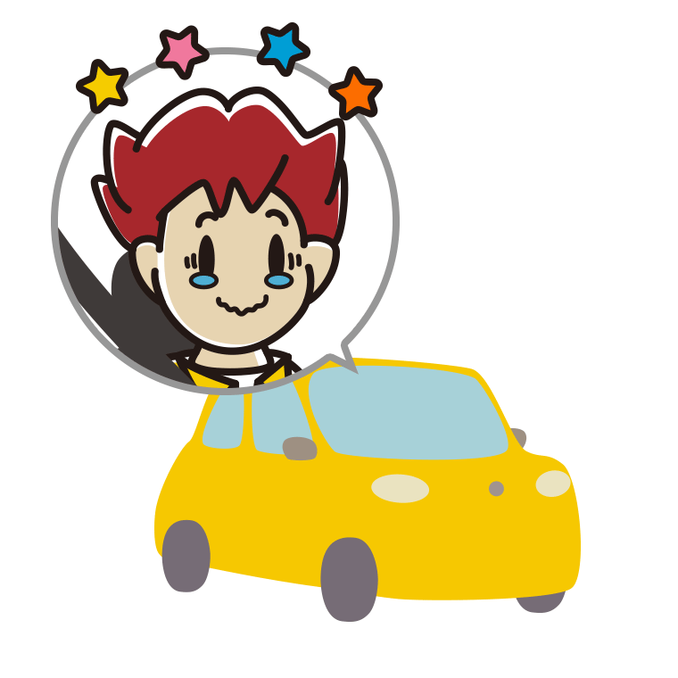 車でジーンとする男子大学生のイラスト【色あり、背景なし】透過PNG