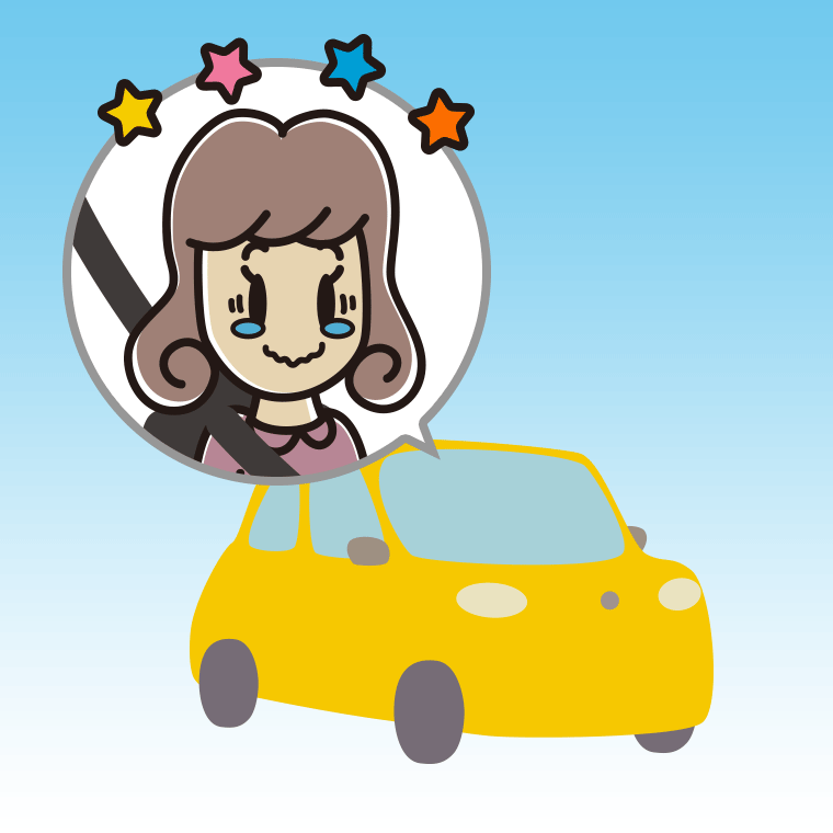 車でジーンとする女子大学生のイラスト【色、背景あり】PNG