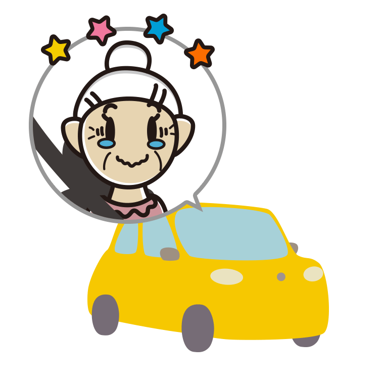 車でジーンとするおばあさんのイラスト【色あり、背景なし】透過PNG