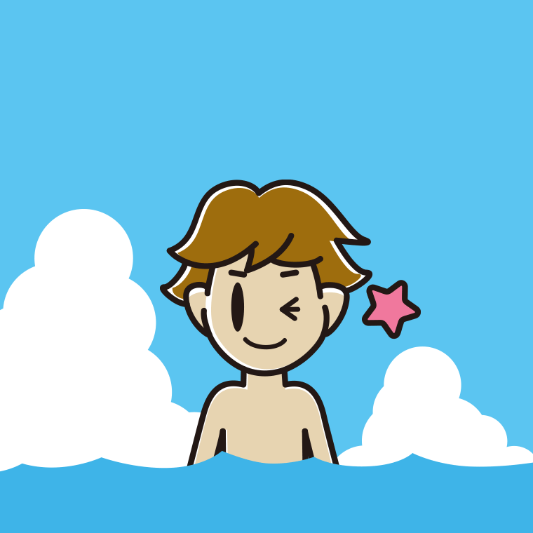 海に入ってウインクする男子高校生のイラスト【色、背景あり】PNG