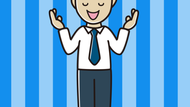 目を閉じて話す男性会社員（ワイシャツ）のイラスト【色、背景あり】PNG