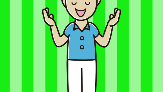 目を閉じて話す男性会社員（クールビズ）のイラスト【色、背景あり】PNG