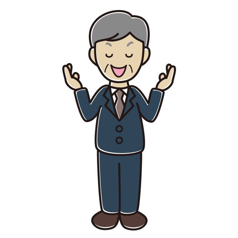 目を閉じて話す年配男性会社員のイラスト【色あり、背景なし】透過PNG