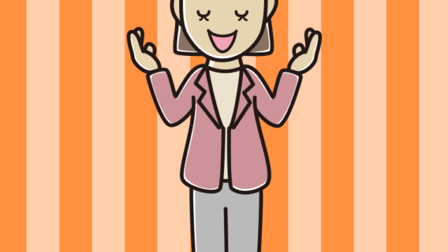 目を閉じて話す女性会社員（カジュアル）のイラスト【色、背景あり】PNG