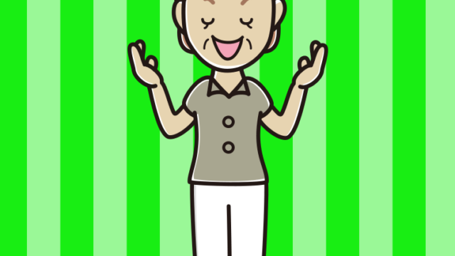 目を閉じて話す年配女性会社員（クールビズ）のイラスト【色、背景あり】PNG