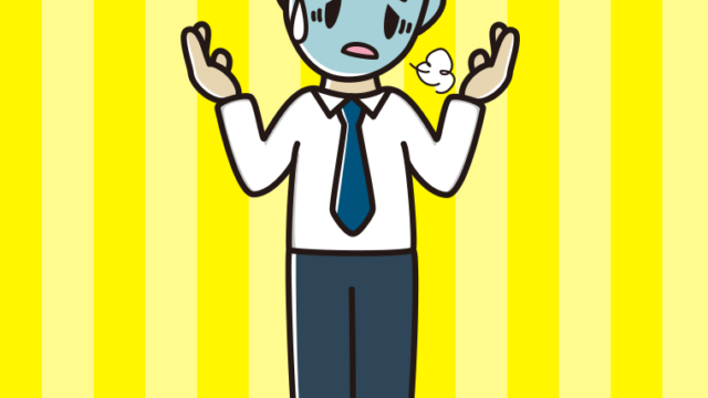 具合が悪そうに話す男性会社員（ワイシャツ）のイラスト【色、背景あり】PNG