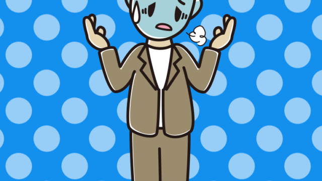 具合が悪そうに話す男性会社員（カジュアル）のイラスト【色、背景あり】PNG