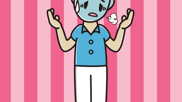 具合が悪そうに話す男性会社員（クールビズ）のイラスト【色、背景あり】PNG