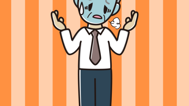 具合が悪そうに話す年配男性会社員（ワイシャツ）のイラスト【色、背景あり】PNG