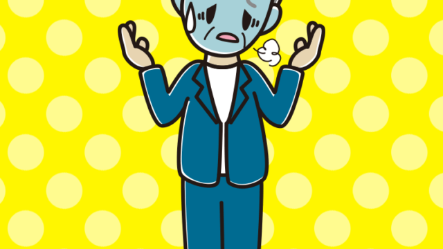 具合が悪そうに話す年配男性会社員（カジュアル）のイラスト【色、背景あり】PNG