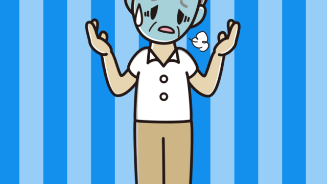 具合が悪そうに話す年配男性会社員（クールビズ）のイラスト【色、背景あり】PNG