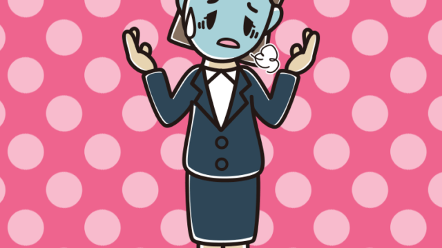 具合が悪そうに話す女性会社員のイラスト【色、背景あり】PNG