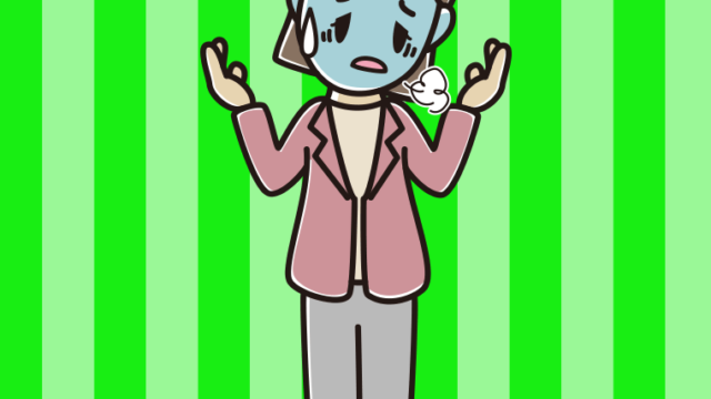 具合が悪そうに話す女性会社員（カジュアル）のイラスト【色、背景あり】PNG