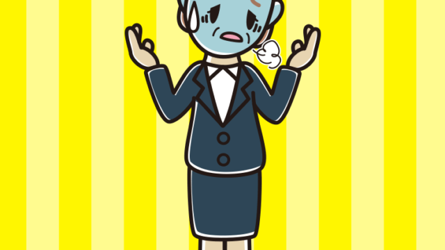 具合が悪そうに話す年配女性会社員のイラスト【色、背景あり】PNG