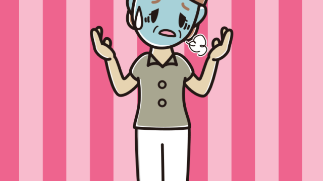 具合が悪そうに話す年配女性会社員（クールビズ）のイラスト【色、背景あり】PNG