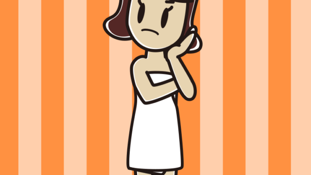 考えるバスタオル姿の女子高校生のイラスト【色、背景あり】PNG