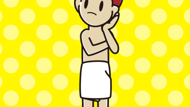 考えるバスタオル姿の男子大学生のイラスト【色、背景あり】PNG