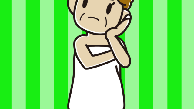 考えるバスタオル姿のおばさんのイラスト【色、背景あり】PNG