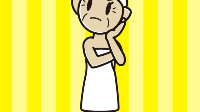 考えるバスタオル姿のおばあさんのイラスト【色、背景あり】PNG