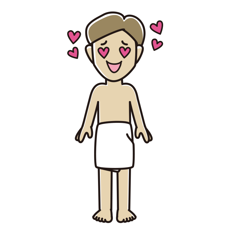 目がハートのバスタオル姿の男性のイラスト【色あり、背景なし】透過PNG