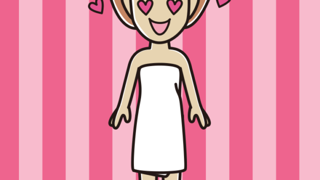 目がハートのバスタオル姿の女性のイラスト【色、背景あり】PNG
