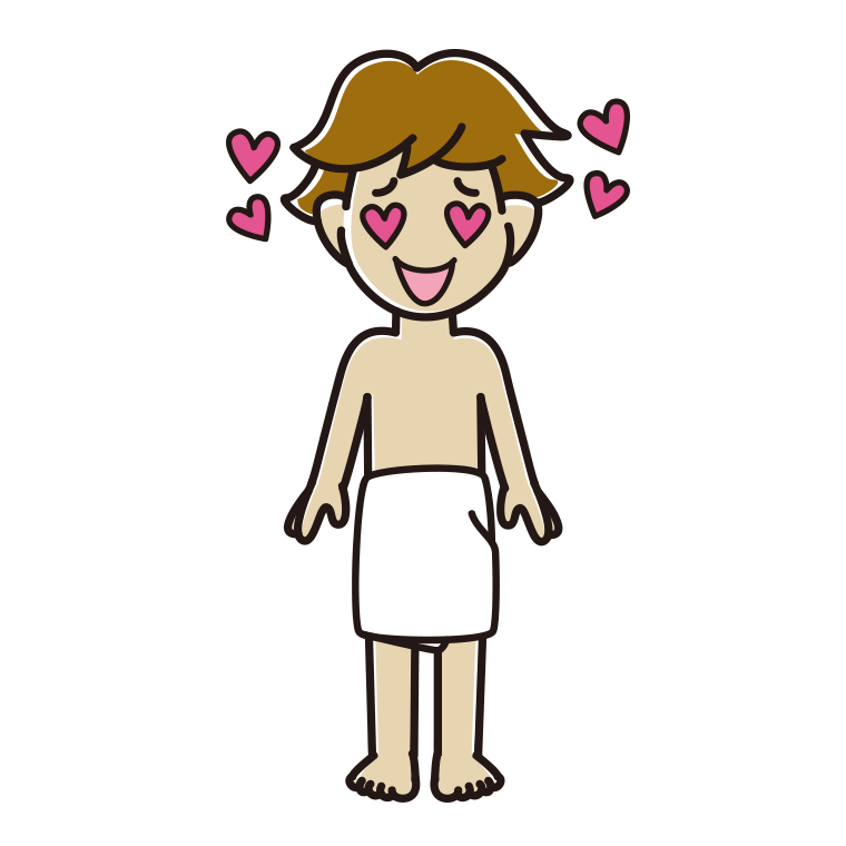 目がハートのバスタオル姿の男子高校生のイラスト【色あり、背景なし】透過PNG