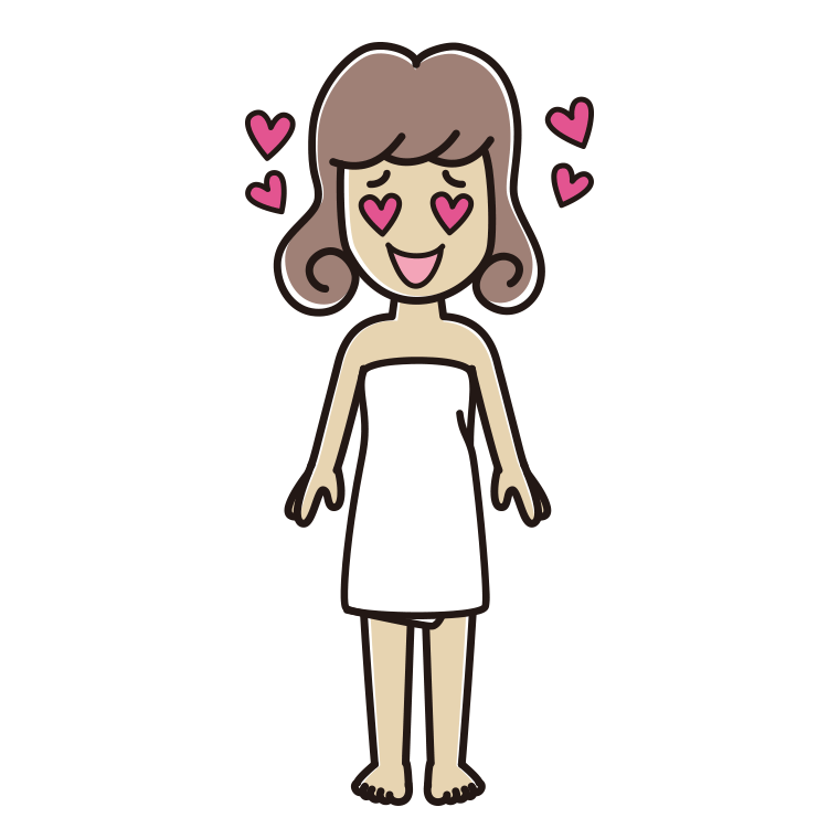 目がハートのバスタオル姿の女子大学生のイラスト【色あり、背景なし】透過PNG