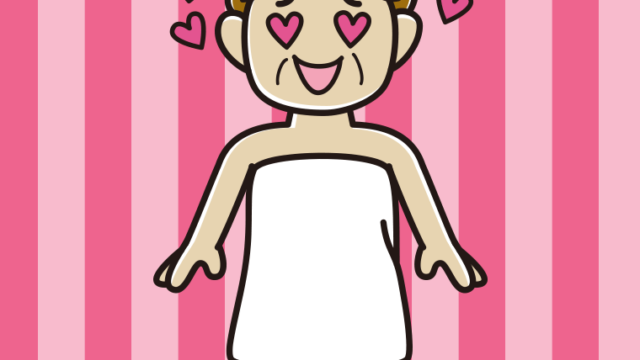 目がハートのバスタオル姿のおばさんのイラスト【色、背景あり】PNG