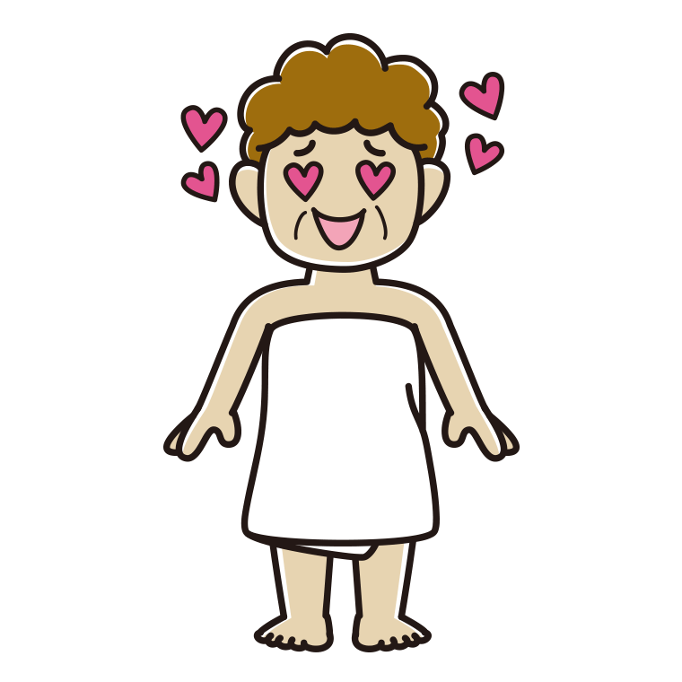 目がハートのバスタオル姿のおばさんのイラスト【色あり、背景なし】透過PNG