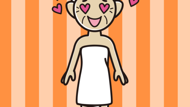 目がハートのバスタオル姿のおばあさんのイラスト【色、背景あり】PNG