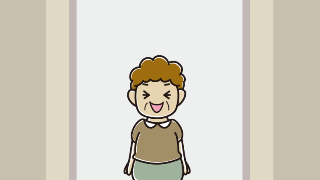 エレベーターで笑うおばさんのイラスト【色、背景あり】PNG