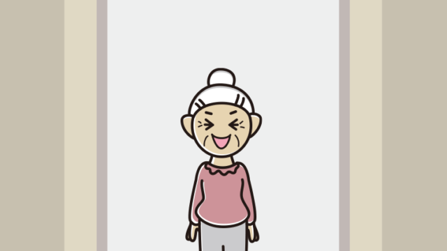 エレベーターで笑うおばあさんのイラスト【色、背景あり】PNG