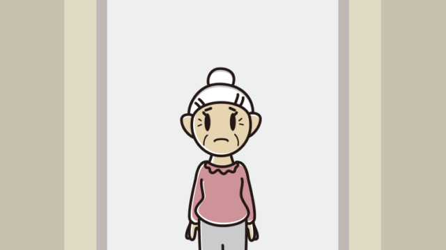 エレベーターで困るおばあさんのイラスト【色、背景あり】PNG