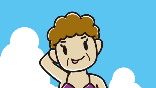 海に入ってテヘヘなおばさんのイラスト【色、背景あり】PNG