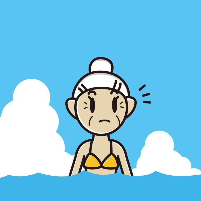 海に入って何かに気付くおばあさんのイラスト【色、背景あり】PNG