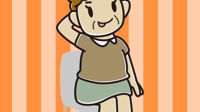 椅子でテヘヘなおばさんのイラスト【色、背景あり】PNG