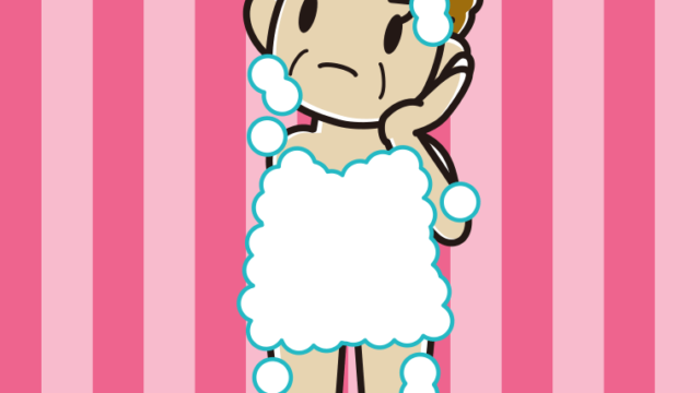 考える泡だらけのおばさんのイラスト【色、背景あり】PNG