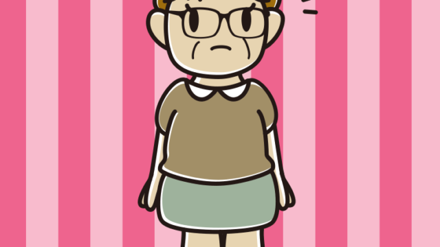 何かに気付く眼鏡のおばさんのイラスト【色、背景あり】PNG