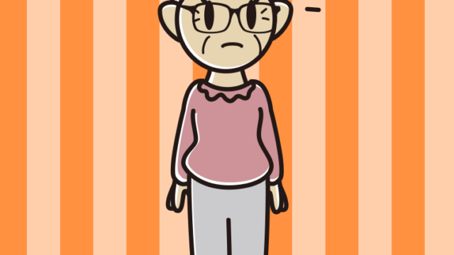 何かに気付く眼鏡のおばあさんのイラスト【色、背景あり】PNG