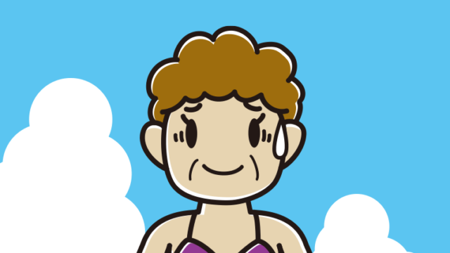 海に入って苦笑いするおばさんのイラスト【色、背景あり】PNG