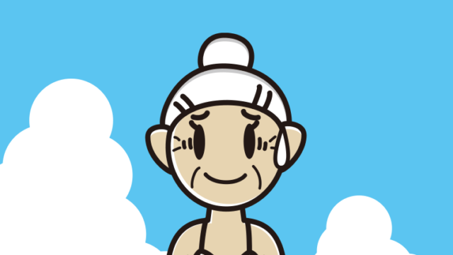 海に入って苦笑いするおばあさんのイラスト【色、背景あり】PNG