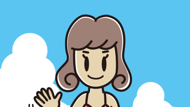 海に入って手を振る女子大学生のイラスト【色、背景あり】PNG