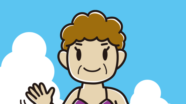 海に入って手を振るおばさんのイラスト【色、背景あり】PNG