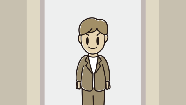 エレベーターに乗る男性会社員（カジュアル）のイラスト【色、背景あり】PNG