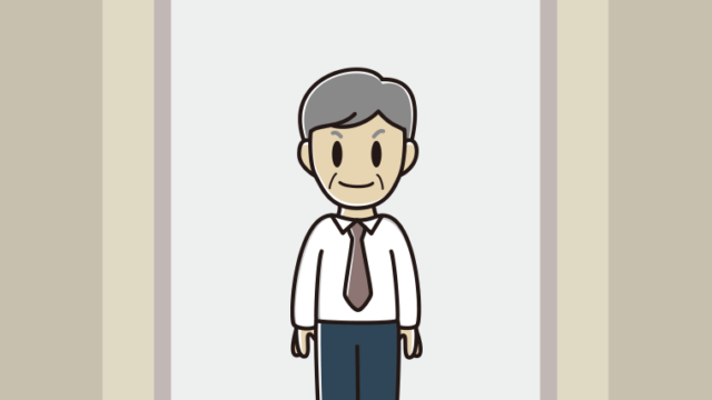 エレベーターに乗る年配男性会社員（ワイシャツ）のイラスト【色、背景あり】PNG