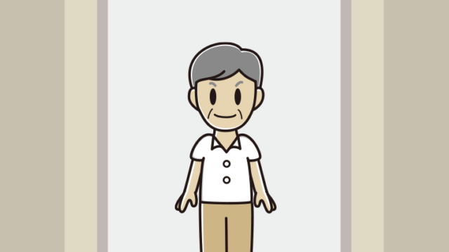エレベーターに乗る年配男性会社員（クールビズ）のイラスト【色、背景あり】PNG