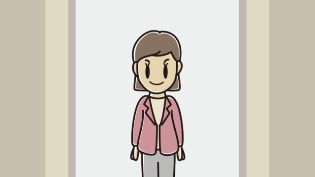 エレベーターに乗る女性会社員（カジュアル）のイラスト【色、背景あり】PNG