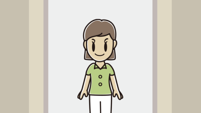 エレベーターに乗る女性会社員（クールビズ）のイラスト【色、背景あり】PNG